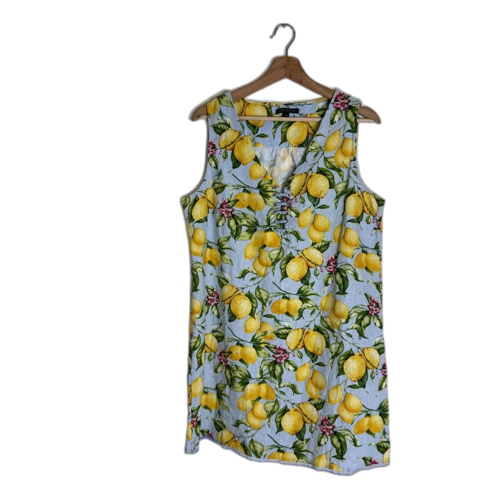 FOR CYNTHIA Dress Womens Large Blue Lemon Print Linen Blend Sleeveless Shift